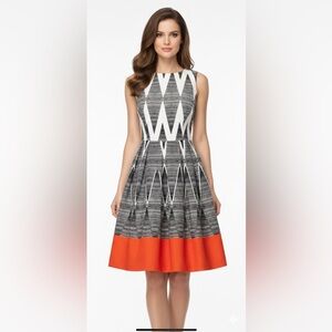 Tahari Geometric Pattern Dress Black White Orange Retro‎ Pleated Fit & Flare